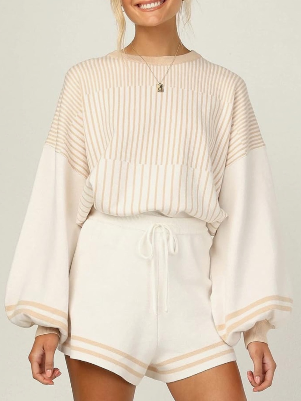 Striped Knit Pullover & Shorts Lounge Set - Cream/Apricot